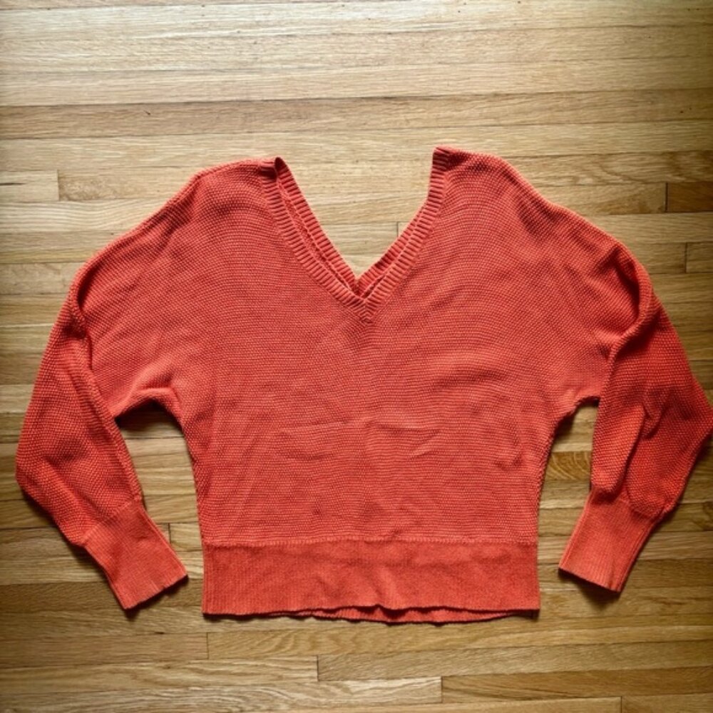 Anthropologie Sweater Womens Medium V-Neck Orange Cotton Knit Pullover Cozy